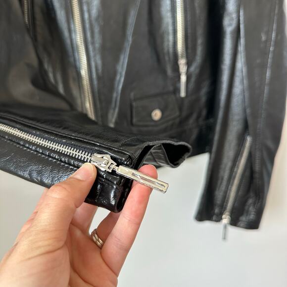 Elie Tahari Jacalyn Patent Leather Moto Jacket Black L - Picture 5 of 11